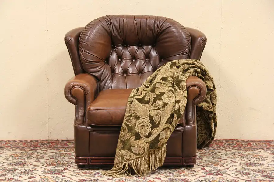 Main image of Tufted Brown Leather Vintage Wing Chair