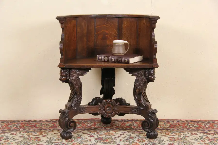 Main image of French Antique 1880 Oak Deacon Chair, Carved Angels