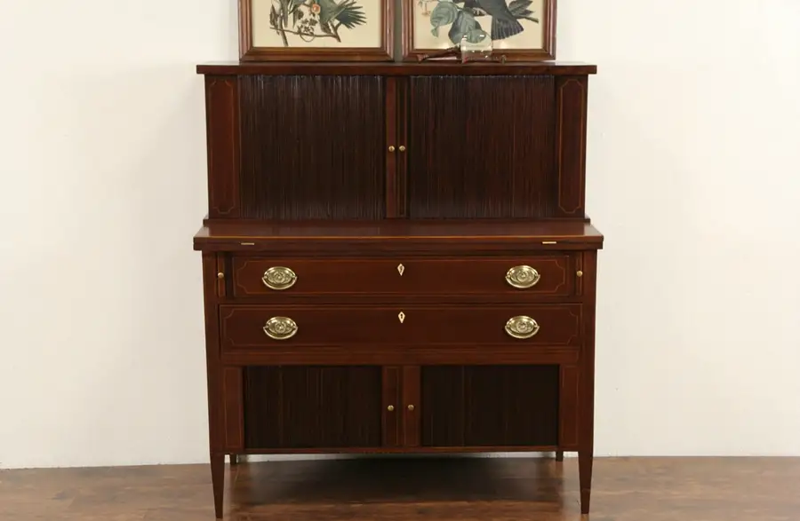 Main image of English 1840's Antique Secretary Desk, Tambour Doors, Leather Top