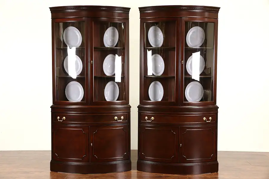 Main image of Pair of Georgian Design Vintage Mahogany Curved Glass Corner Cabinets