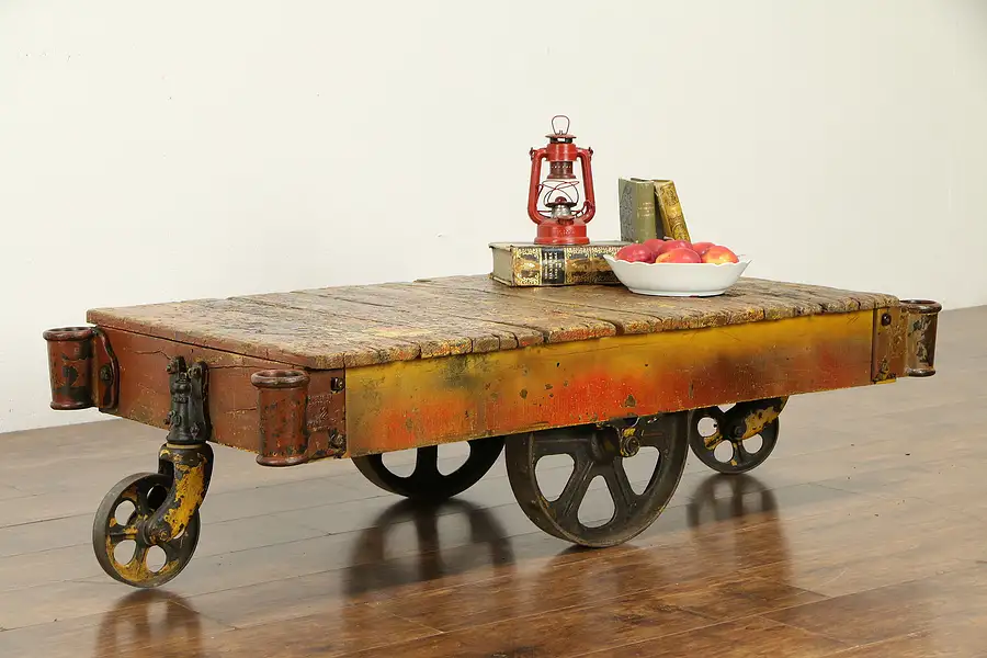 Main image of Industrial 1900's Antique Railroad Oak and Iron Cart or Coffee Table