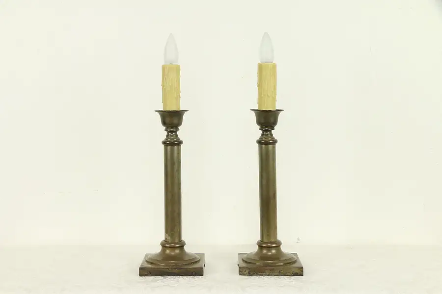 Main image of Pair of Antique Brass Candlestick Lamps, Beeswax Candles