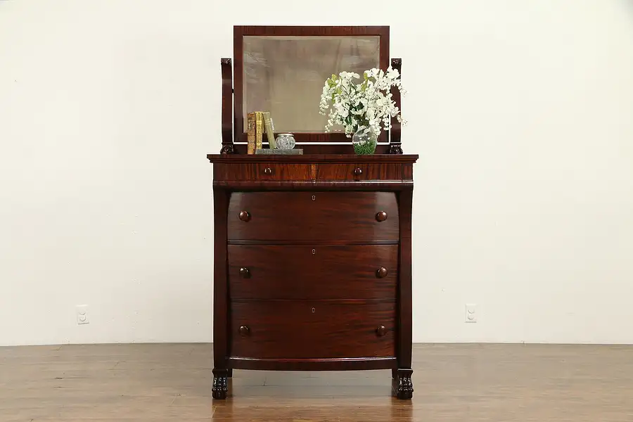 Main image of Empire Antique Mahogany Tall Chest, Paw Feet, Bowfront, Beveled Mirror