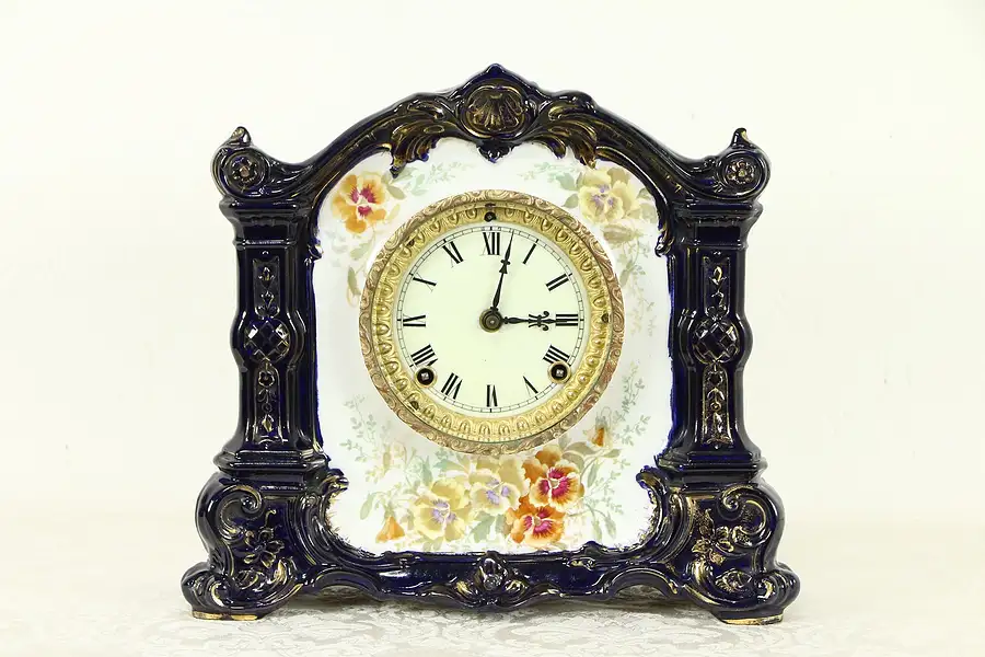Main image of Victorian Antique Cobalt Blue China Clock, Royal Bonn, Ansonia, NY