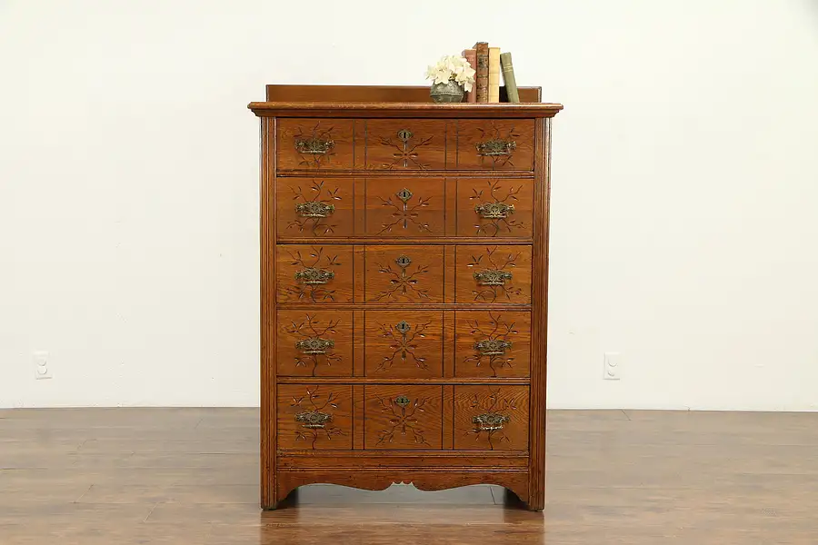 Main image of Victorian Eastlake Antique Oak Tall Chest, Spoon Carved, Original Brasses