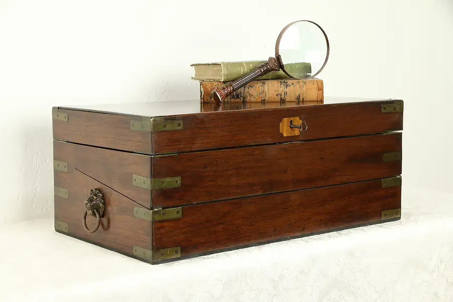 Main image of English Victorian 1890 Antique Portable Travel or Lap Desk, Brass Inlay