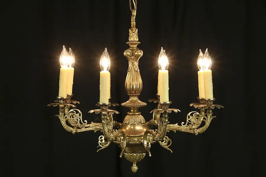 Main image of Embossed Dark Brass 8 Beeswax Candle Vintage Chandelier, Signed 1966