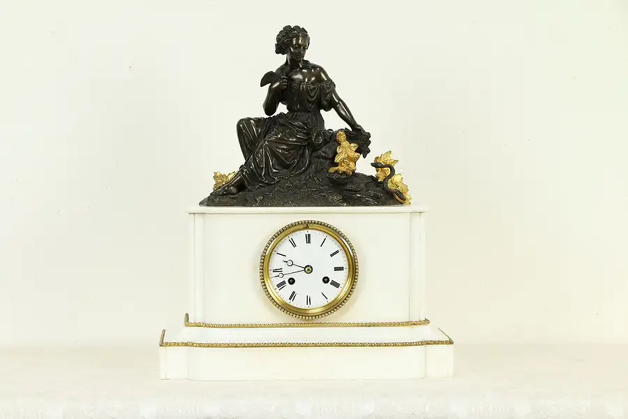 Main image of French Antique 1880 Marble Mantel Clock, Bronze Sculpture, Signed Paris