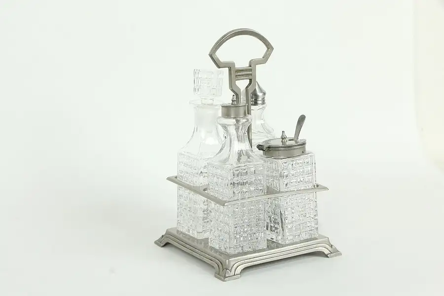 Main image of Art Deco Antique Pewter Castor or Condiment Set, Glass Bottles
