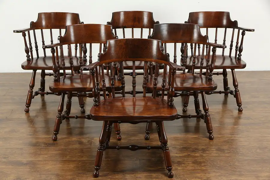 Main image of Set of 6 Traditional Vintage Birch Dining Chairs w/ Arms, Nichols & Stone