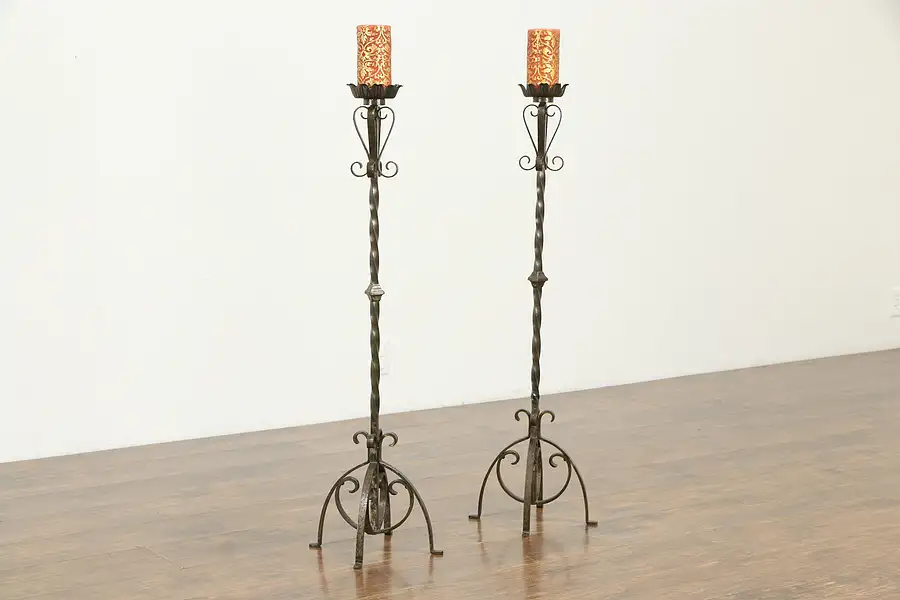 Main image of Pair of Antique Wrought Iron 41" Tall Candlesticks