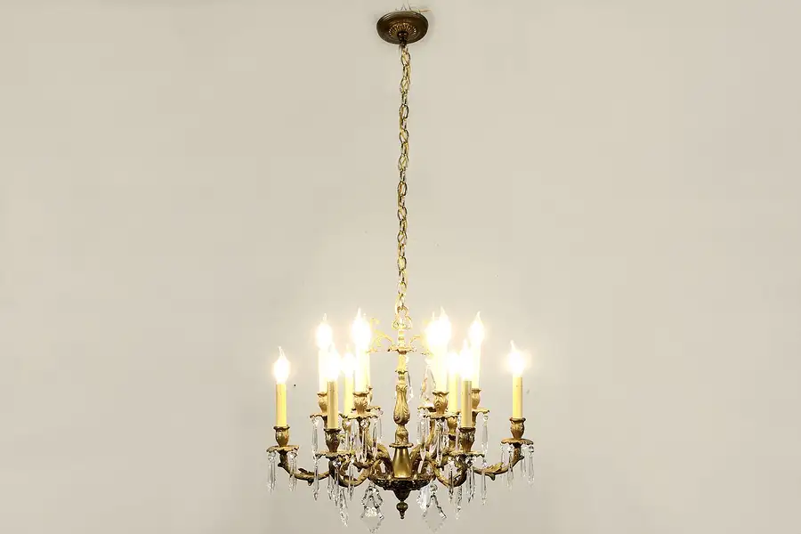 Main image of Brass Vintage 12 Candle Chandelier, Cut European Prisms