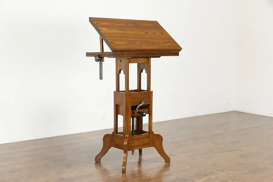 Main image of Victorian Antique Oak Drafting or Drawing Table, Adjustable Height & Tilt