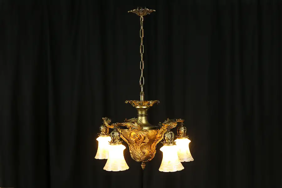Main image of Art Nouveau Antique Chandelier Light Fixture, Quezal Art Glass Shades