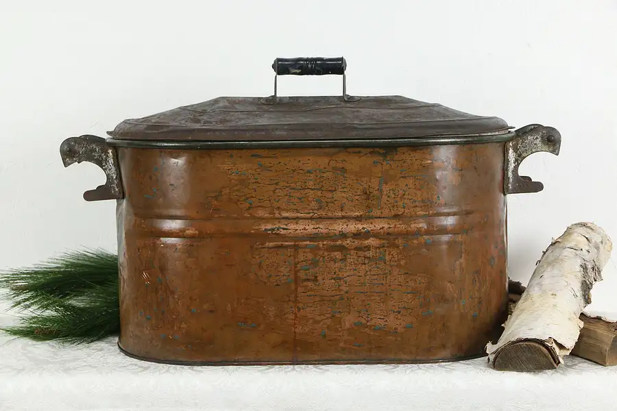 Main image of Copper Antique Wash Boiler & Lid, Fireplace Hearth Kindling Holder