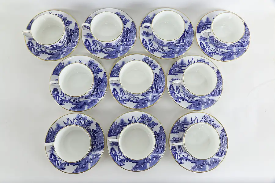Main image of Set of 10 Coalport Blue Willow English Coffee or Tea Cups & Saucers