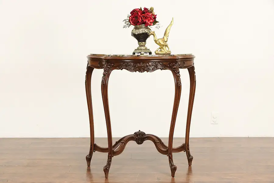 Main image of Carved Walnut Antique French Hall Console Table, Marble Top