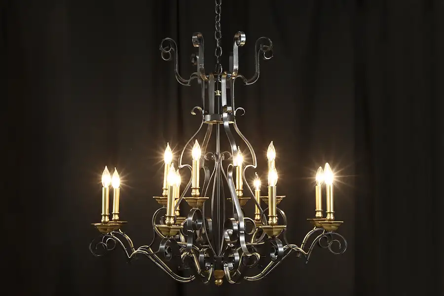 Main image of Wrought Iron & Brass 12 Candle Vintage Chandelier