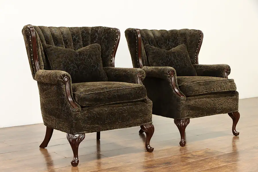 Main image of Pair of Wingback 40's Vintage Cut Velvet Channel Back Chairs