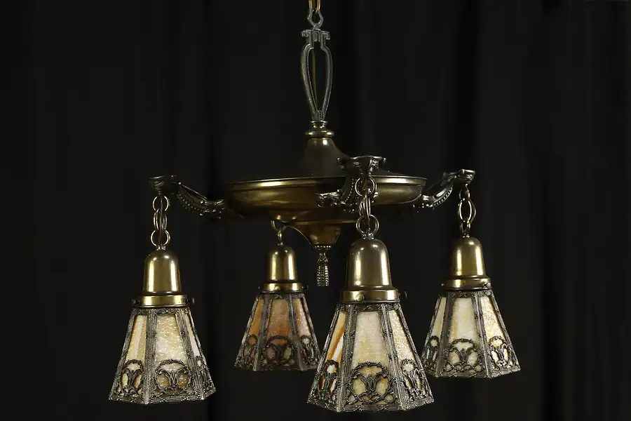 Main image of Brass Antique 1910 Chandelier, 4 Stained Glass Filigree Shades