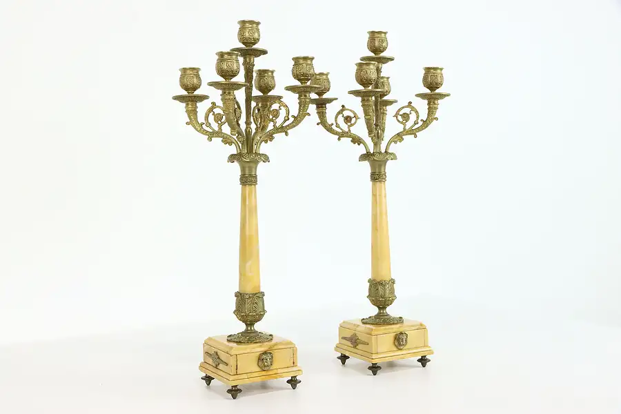 Main image of Classical Pair of 5 Candle Brass & Marble Antique Candelabra