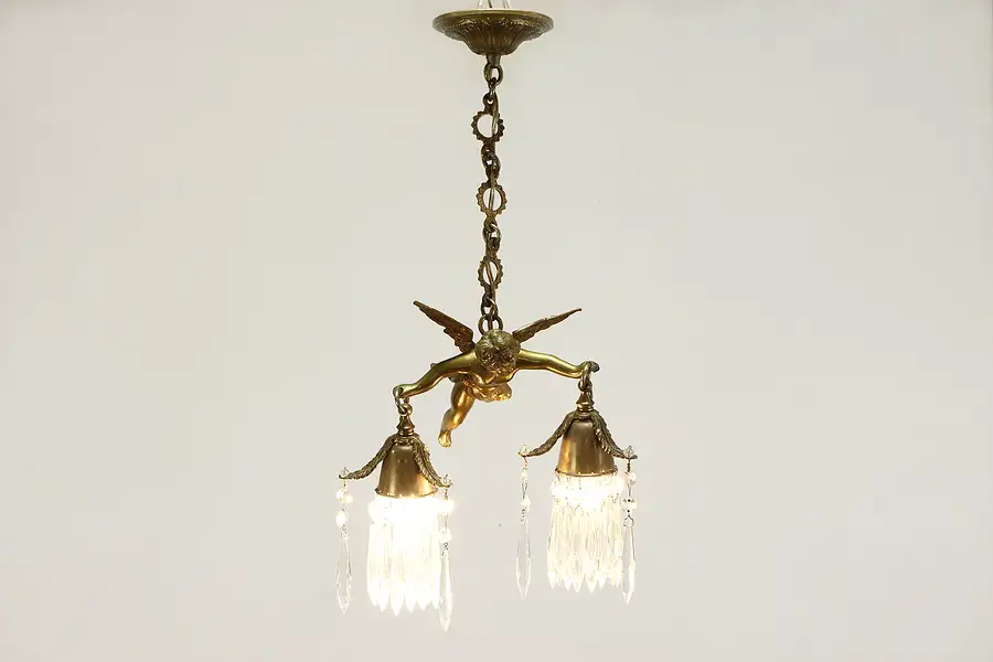 Main image of Flying Cherub or Angel Vintage Brass Chandelier, Crystal Prisms