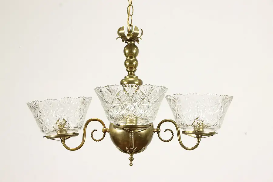 Main image of Victorian Antique Brass 4 Light Chandelier, Cut Glass Shades
