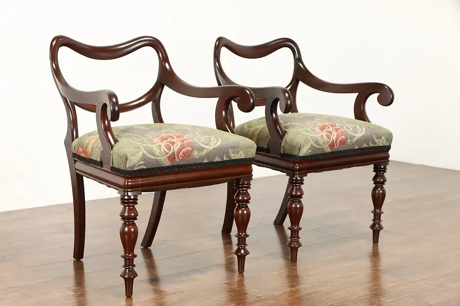 Main image of Pair of Mahogany Antique English Regency Armchairs, Tapestry Upholstery