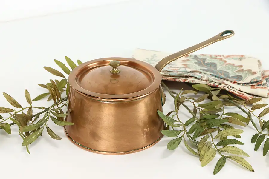 Main image of Copper Vintage Farmhouse Kettle or Pot with Lid, Brass Handles