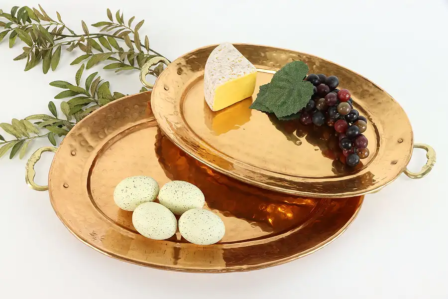 Main image of Hammered Farmhouse Copper Vintage Serving Trays or Platters Brass Handles