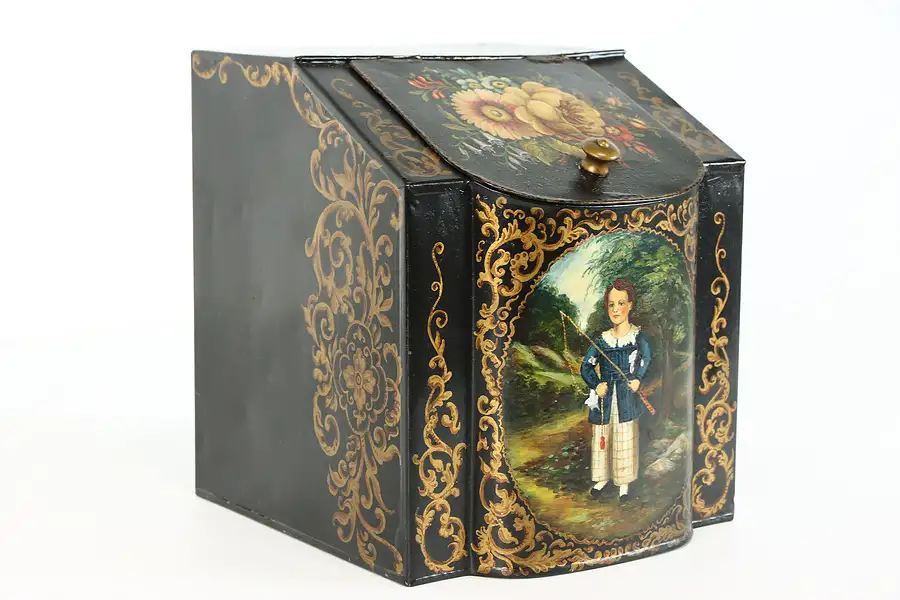 Main image of Victorian Antique Hand Painted Tin Tea or Coffee Bin, Hopper or Caddy