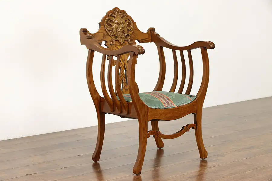 Main image of Victorian Antique Roman Style Oak Upholstered Hall Chair, Carved Face