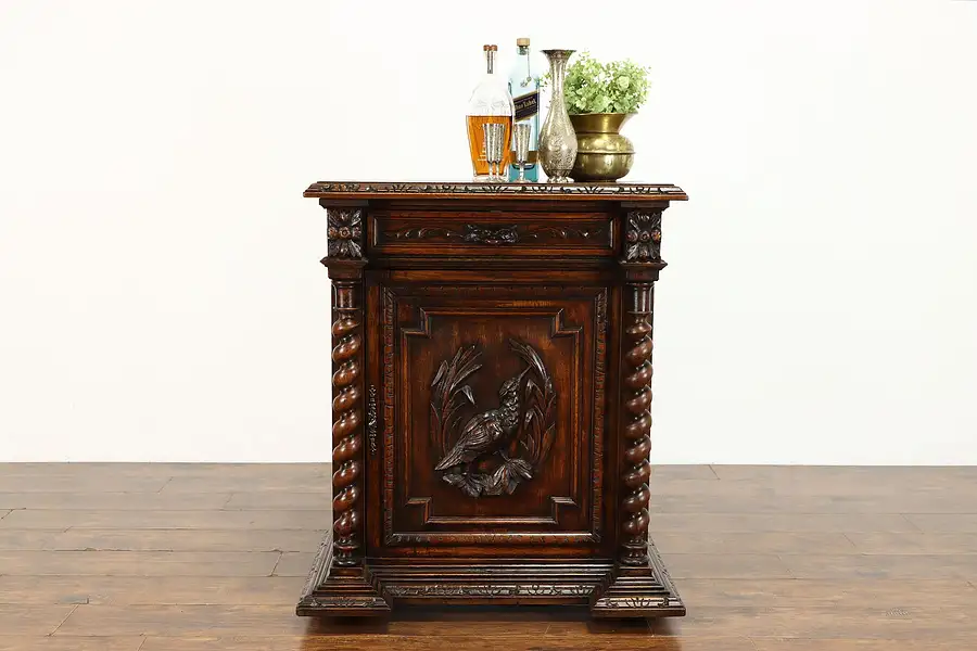 Main image of Black Forest Antique Carved Oak Bar or Hall Cabinet, Carved Bird