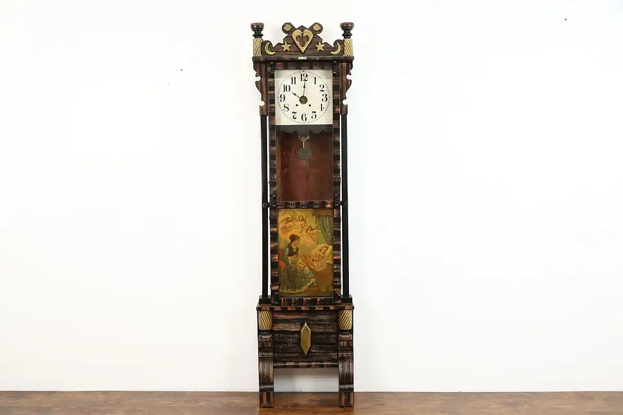 Main image of Farmhouse Folk Art Antique Pine Tall Case Grandmother Clock, Lynch 1921