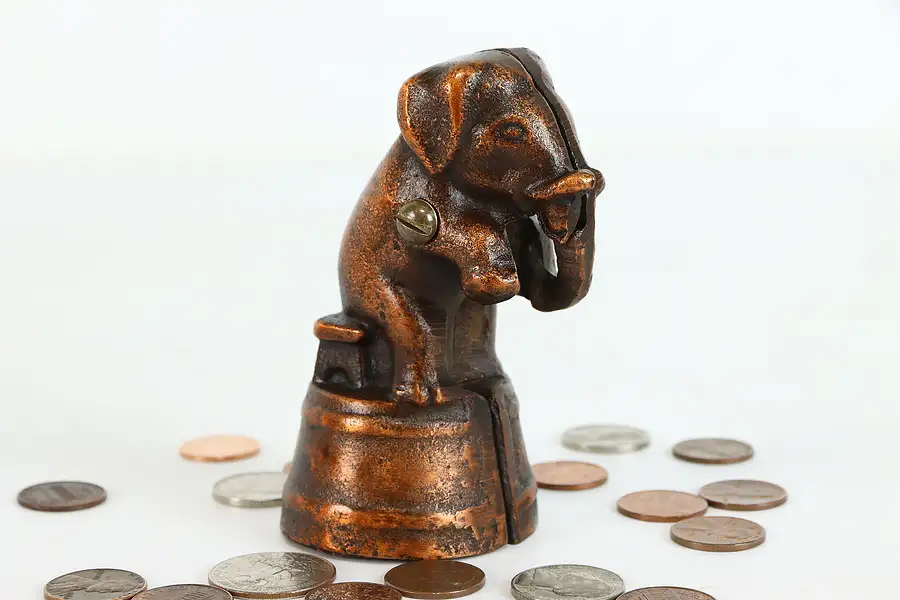 Main image of Farmhouse Antique Cast Iron Elephant on Bench Coin Bank