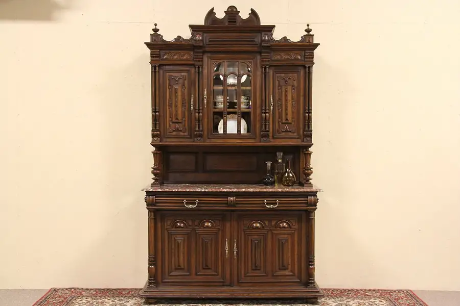 Main image of Carved Cabinet, Marble Top, Beveled Windows