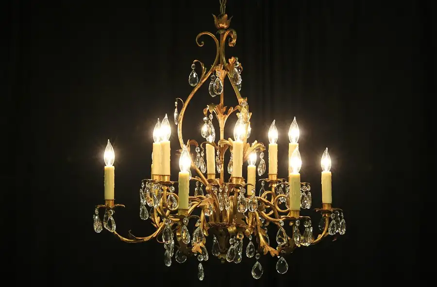 Main image of Italian Wrought Iron 12 Candle Vintage Chandelier, Cut Prisms