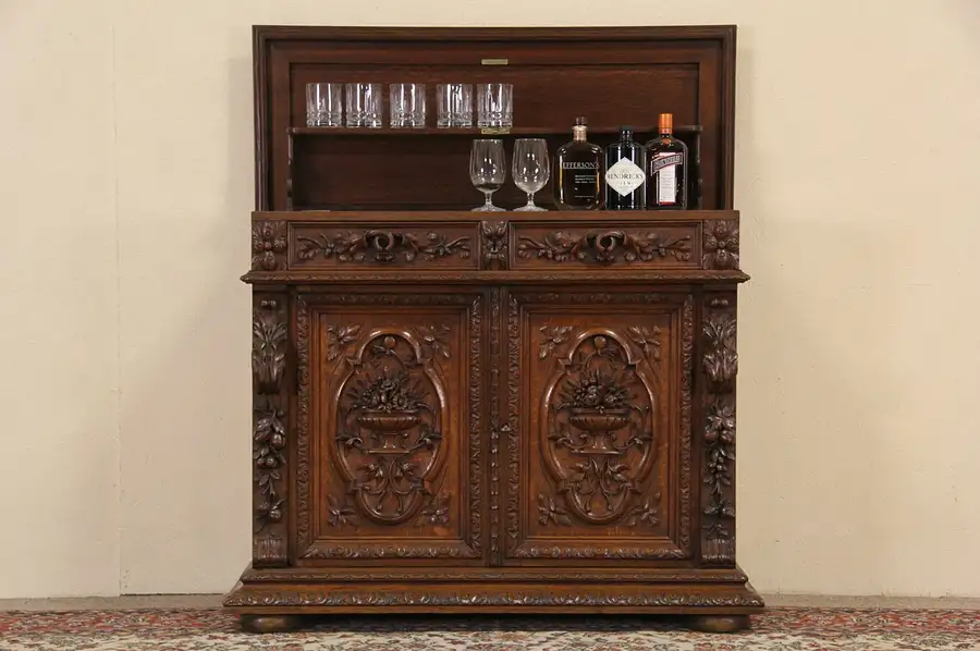 Main image of Black Forest Carved Oak 1890's Console Bar Cabinet, Marble Flip Top