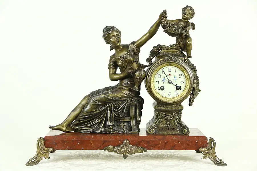 Main image of Grape Vine French Antique 1900 Mantel Clock, Angel Sculpture & Marble Base