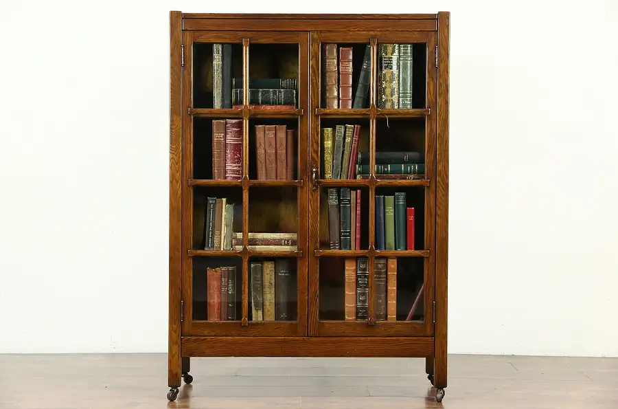 Main image of Arts & Crafts Mission Oak 1900 Antique Craftsman Library Bookcase, Signed