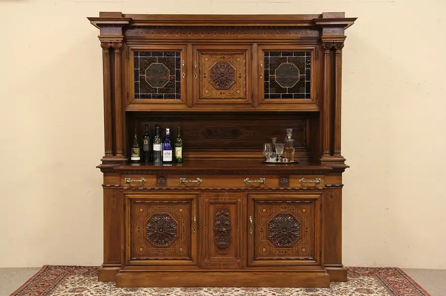 Main image of Carved Antique Italian Back Bar Server, Stained Glass