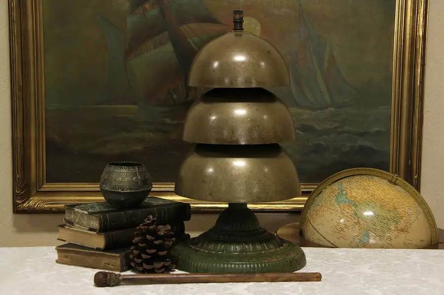 Main image of Triple 1890's Antique Bronze Bell, Embossed Cast Iron Base