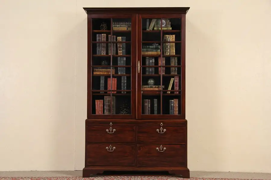 Main image of English 1870 Antique Mahogany Bookcase, Wavy Glass Doors, Adjustable Shelves