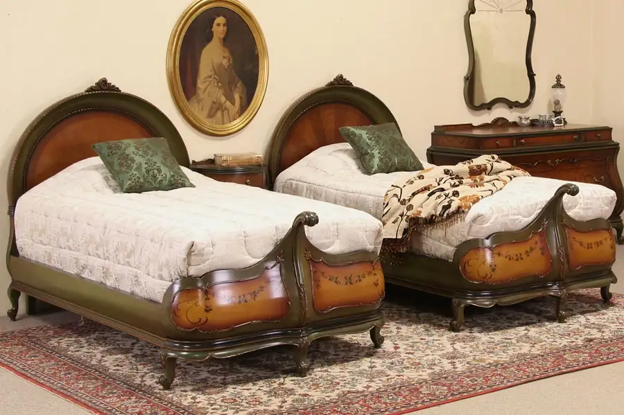 Main image of Venetian Gondola Style Pair of 1920's Antique Twin Beds, Hand Painted