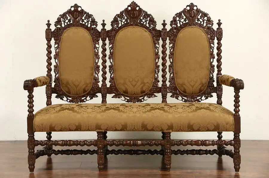 Main image of Black Forest Carved Oak 1880's Antique Settee or Hall Bench, New Upholstery