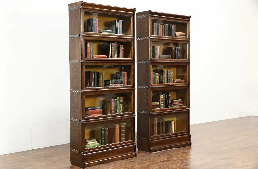 Main image of Macey Signed Pair of Oak 1900 Antique 5 Section Stacking Lawyer Bookcases