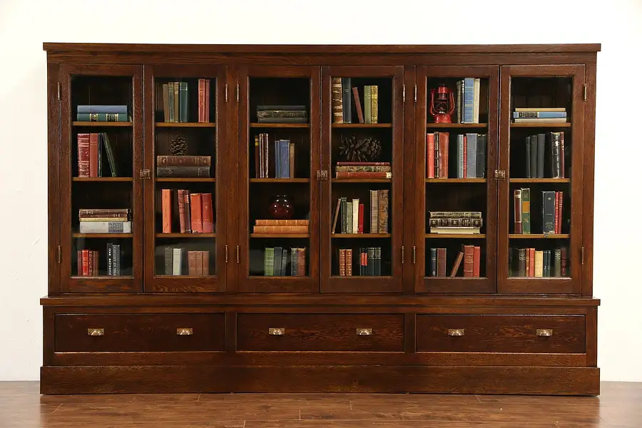 Main image of Oak Arts & Crafts 1900 Antique Bookcase, Pantry or Display Cabinet 8' 8" Wide