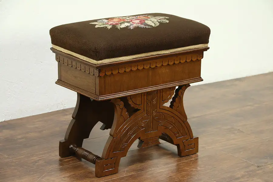 Main image of Victorian Eastlake Antique Walnut Slipper Bench, Needlepoint Upholstery