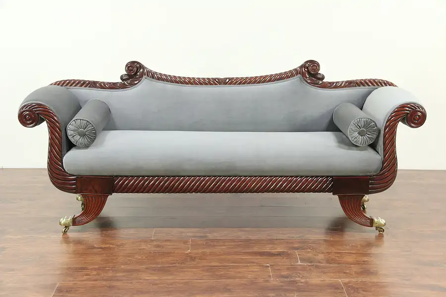 Main image of Empire Antique 1830 Sofa, Rope Carved Mahogany, Recent Gray Velvet