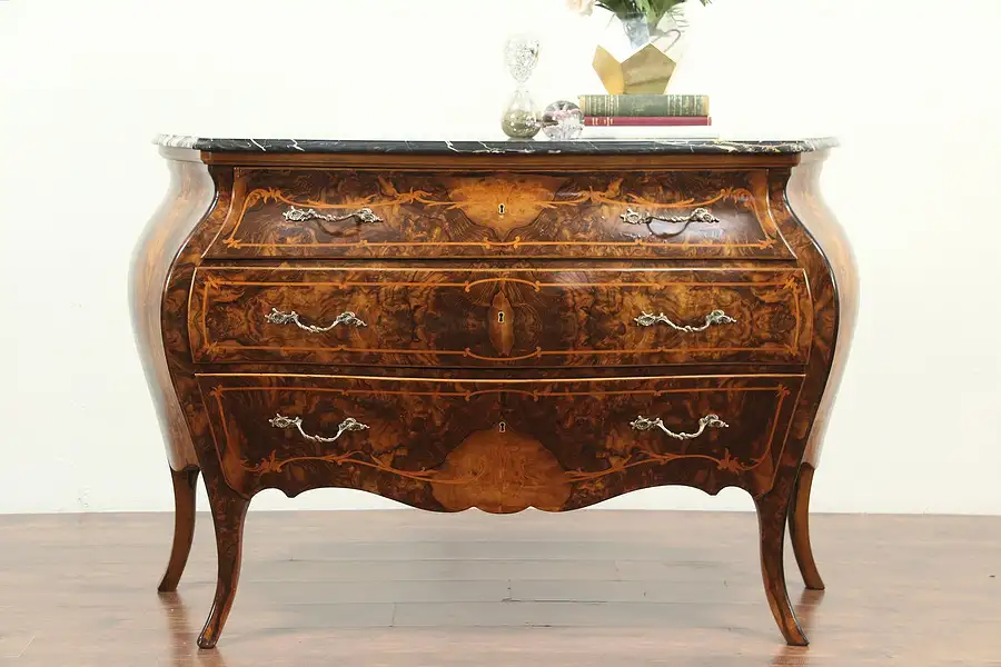 Main image of Walnut Marquetry Antique Bombe Chest, Dresser or Commode, Italy